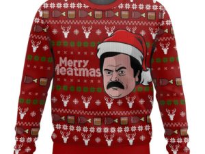 Merry Meatmas Ron Swanson Parks And Recreation Ugly Christmas Sweater - Image 1
