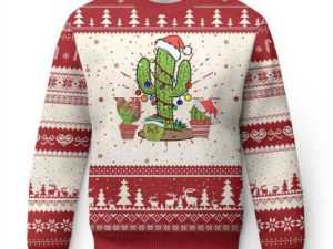 Merry Xmas In Arizona Us State Funny Saguaro Cactus Tree Ugly Christmas Sweater - Image 1
