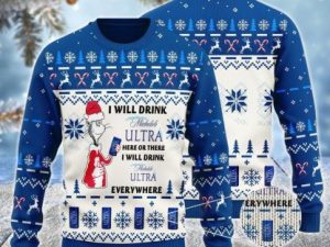 Michelob Ultra Cat Hat Will Drink Everywhere Ugly Christmas Sweater - Image 1