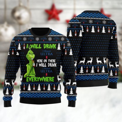 michelob ultra grinch will drink everywhere ugly christmas sweater 1 Michelob Ultra Grinch Will Drink Everywhere Ugly Christmas Sweater - Image 1