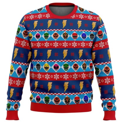 mighty helmets power rangers ugly christmas sweater 1 Mighty Helmets Power Rangers Ugly Christmas Sweater - Image 1