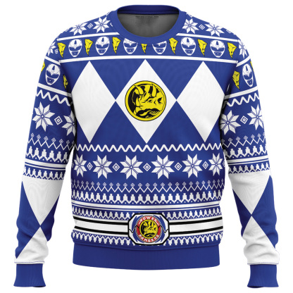 mighty morphin blue ranger power rangers ugly christmas sweater 1 Mighty Morphin Blue Ranger Power Rangers Ugly Christmas Sweater - Image 1