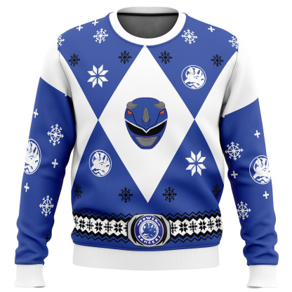 mighty morphin power rangers blue ugly christmas sweater 1 Mighty Morphin Power Rangers Blue Ugly Christmas Sweater - Image 1