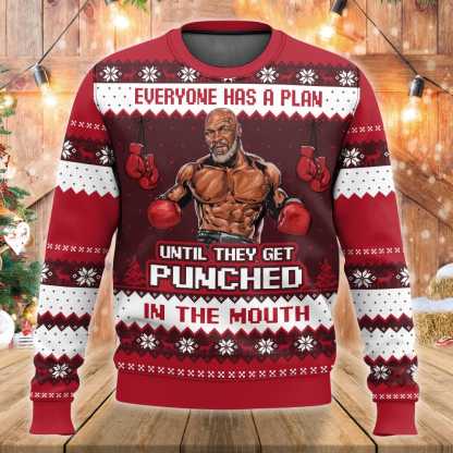 mike tyson everyone has a plan until they get punched ugly christmas sweater 1 Mike Tyson Everyone Has A Plan Until They Get Punched Ugly Christmas Sweater - Image 1