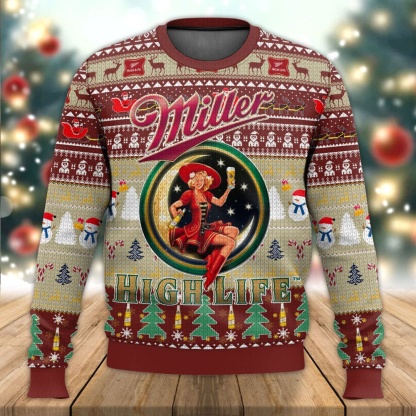 miller high life beer ugly christmas sweater 1 Miller High Life Beer Ugly Christmas Sweater - Image 1