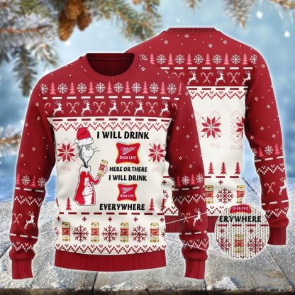 miller high life cat hat will drink everywhere ugly christmas sweater 1 Miller High Life Cat Hat Will Drink Everywhere Ugly Christmas Sweater - Image 1