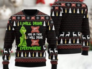 Miller High Life Grinch Will Drink Everywhere Ugly Christmas Sweater - Image 1