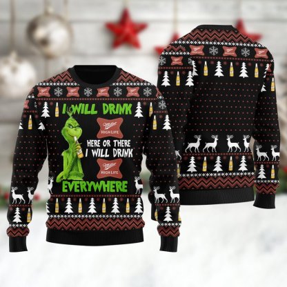 miller high life grinch will drink everywhere ugly christmas sweater 1 Miller High Life Grinch Will Drink Everywhere Ugly Christmas Sweater - Image 1