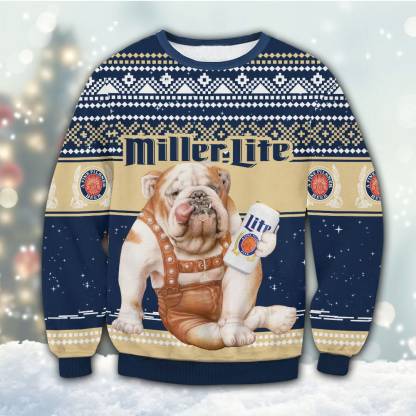 miller lite bulldog ugly christmas sweater 1 Miller Lite Bulldog Ugly Christmas Sweater - Image 1