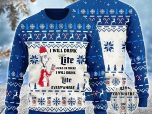 Miller Lite Cat Hat Will Drink Everywhere Ugly Christmas Sweater - Image 1