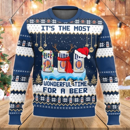miller lite its the most wonderful time ugly christmas sweater 1 Miller Lite Its The Most Wonderful Time Ugly Christmas Sweater - Image 1
