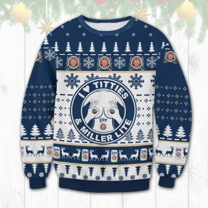 miller lite titties funny ugly christmas sweater 1 Miller Lite Titties Funny Ugly Christmas Sweater - Image 1