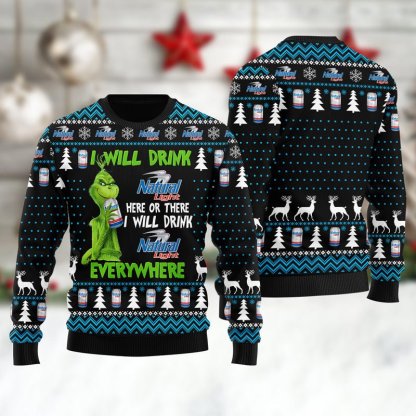 natural light grinch will drink everywhere ugly christmas sweater 1 Natural Light Grinch Will Drink Everywhere Ugly Christmas Sweater - Image 1