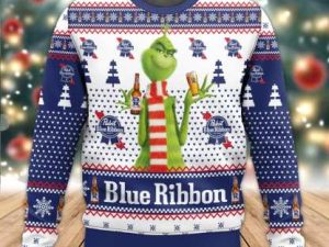Pabst Blue Ribbon Grinch Ugly Christmas Sweater Holiday Gift - Image 1