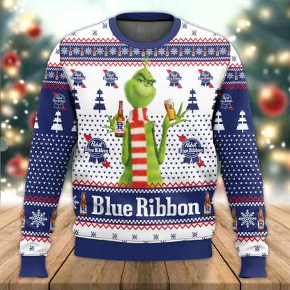 pabst blue ribbon grinch ugly christmas sweater holiday gift 1 Pabst Blue Ribbon Grinch Ugly Christmas Sweater Holiday Gift - Image 1