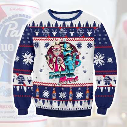 pabst blue ribbon rick and morty ugly christmas sweater 1 Pabst Blue Ribbon Rick And Morty Ugly Christmas Sweater - Image 1
