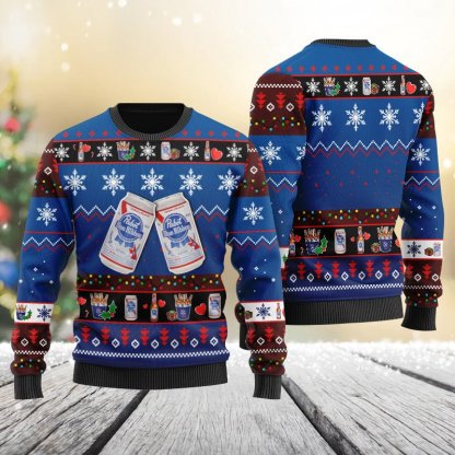 pabst blue ribbon snowflakes ugly christmas sweater 1 Pabst Blue Ribbon Snowflakes Ugly Christmas Sweater - Image 1