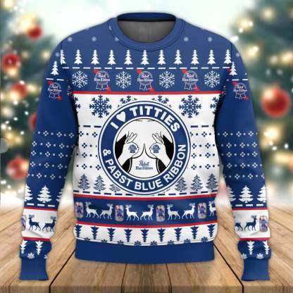 pabst blue ribbon titties funny ugly christmas sweater 1 Pabst Blue Ribbon Titties Funny Ugly Christmas Sweater - Image 1