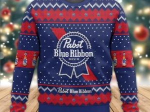 Pabst Blue Ribbon Ugly Christmas Sweater Holiday Present - Image 1