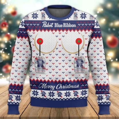 pabst blue ribbon ugly christmas sweater present 1 Pabst Blue Ribbon Ugly Christmas Sweater Present - Image 1