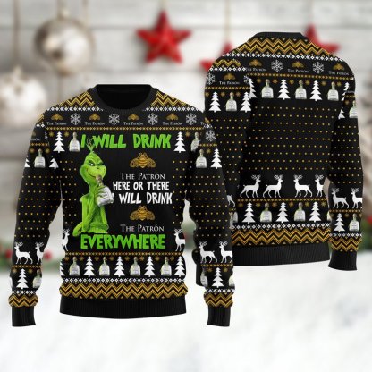 patron grinch will drink everywhere ugly christmas sweater 1 Patron Grinch Will Drink Everywhere Ugly Christmas Sweater - Image 1