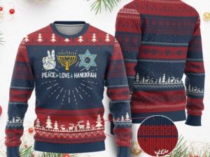Peace Love Hanukkah Ugly Christmas Sweater Retro Chanukah Jewish Menorah Star - Image 1