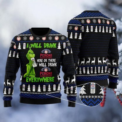 peroni grinch will drink everywhere ugly christmas sweater 1 Peroni Grinch Will Drink Everywhere Ugly Christmas Sweater - Image 1