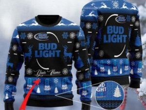 Personalized Bud Light Logo With Reindeer Black And Blue Ugly Christmas Sweater - Image 1