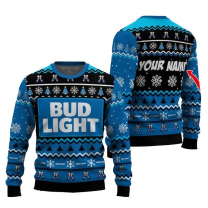 personalized bud light pine tree snowing ugly christmas sweater 1 Personalized Bud Light Pine Tree Snowing Ugly Christmas Sweater - Image 1