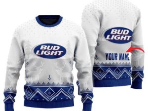 Personalized Bud Light Winter Reindeer Ugly Christmas Sweater - Image 1
