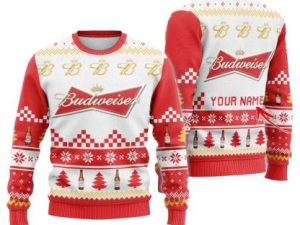 Personalized Budweiser Christmas Star Ugly Christmas Sweater - Image 1