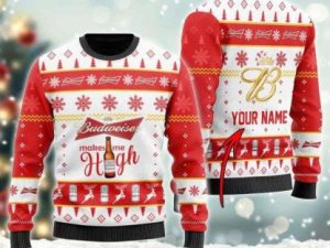 Personalized Budweiser Makes Me High Ugly Christmas Sweater - Image 1