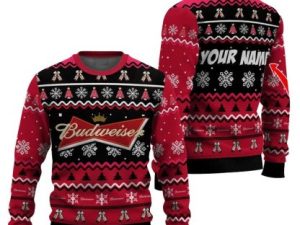 Personalized Budweiser Pine Tree Snowing Ugly Christmas Sweater - Image 1