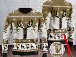 Personalized Iconic Irish Stout Beer Logos Deer Head Ugly Christmas Sweater - Image 1