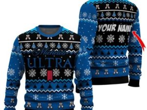 Personalized Michelob Ultra Pine Tree Snowing Ugly Christmas Sweater - Image 1