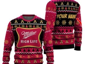 Personalized Miller High Life Pine Tree Snowing Ugly Christmas Sweater - Image 1