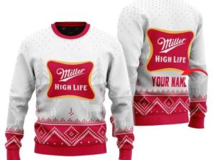 Personalized Miller High Life Winter Reindeer Ugly Christmas Sweater - Image 1