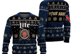 Personalized Miller Lite Pine Tree Snowing Ugly Christmas Sweater - Image 1