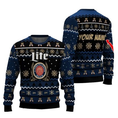 personalized miller lite pine tree snowing ugly christmas sweater 1 Personalized Miller Lite Pine Tree Snowing Ugly Christmas Sweater - Image 1