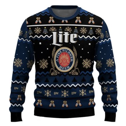 personalized miller lite pine tree snowing ugly christmas sweater 2 Personalized Miller Lite Pine Tree Snowing Ugly Christmas Sweater - Image 2