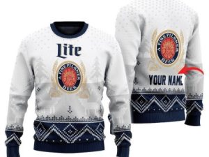 Personalized Miller Lite Winter Reindeer Ugly Christmas Sweater - Image 1