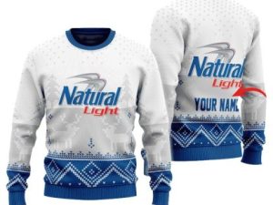 Personalized Natural Light Winter Reindeer Ugly Christmas Sweater - Image 1