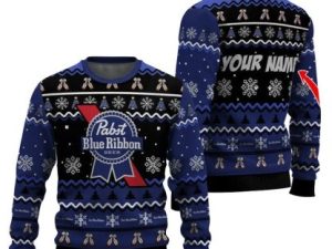Personalized Pabst Blue Ribbon Pine Tree Snowing Ugly Christmas Sweater - Image 1