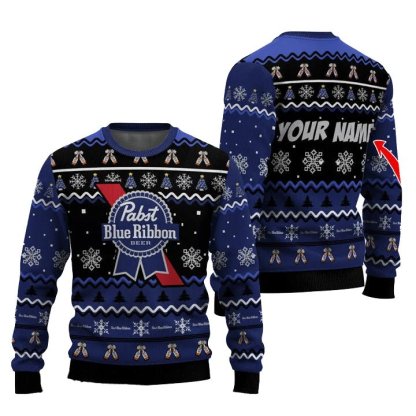 personalized pabst blue ribbon pine tree snowing ugly christmas sweater 1 Personalized Pabst Blue Ribbon Pine Tree Snowing Ugly Christmas Sweater - Image 1