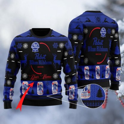 personalized pabst blue ribbon ugly christmas sweater 1 Personalized Pabst Blue Ribbon Ugly Christmas Sweater - Image 1