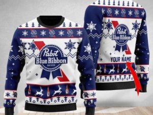 Personalized Pabst Blue Ribbon Ugly Christmas Sweater Holiday Gift - Image 1