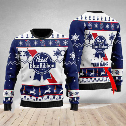 personalized pabst blue ribbon ugly christmas sweater holiday gift 1 Personalized Pabst Blue Ribbon Ugly Christmas Sweater Holiday Gift - Image 1