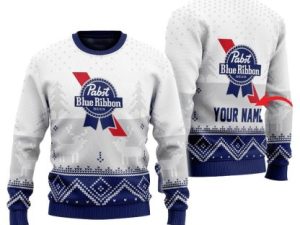 Personalized Pabst Blue Ribbon Winter Reindeer Ugly Christmas Sweater - Image 1