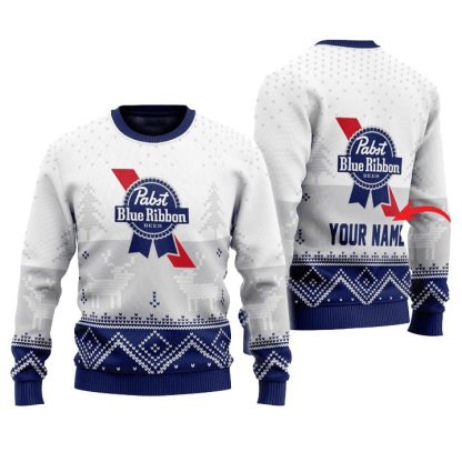 personalized pabst blue ribbon winter reindeer ugly christmas sweater 1 Personalized Pabst Blue Ribbon Winter Reindeer Ugly Christmas Sweater - Image 1