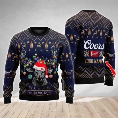 personalized reindeer coors banquet ugly christmas sweater 1 Personalized Reindeer Coors Banquet Ugly Christmas Sweater - Image 1